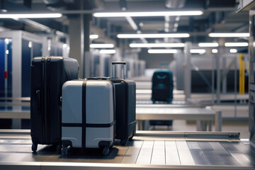 Airport baggage check-in X-ray machine with suitcase luggage on conveyor belt AI Generative
