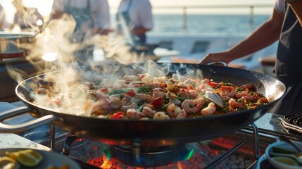 A closeup of a seafood paella being cooked in a large traditional pan by a team of chefs on the...