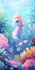 Fototapeta na wymiar Cute baby sea horse swimming in the ocean, colorful coral reefs and sea plants in the background, under water bubbles, pastel colors, mobile wallpaper, kawaii style, 