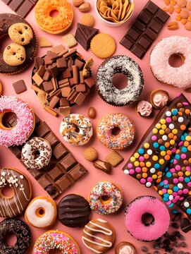 Photo of a table with many sweets and snacks such as donuts or chocolate, pink and orange as a main colors, perfect for invitations, posters, bakery, menu cards, dessert presentation, social media 