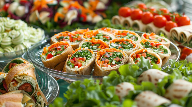 A colorful array of sandwiches wraps and salads on a platter ready to be enjoyed on a warm afternoon.
