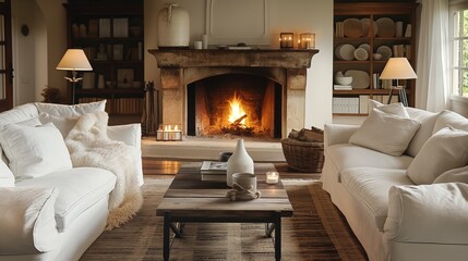 Contemporary living room with fireplace and stylish furniture in a luxurious home interior