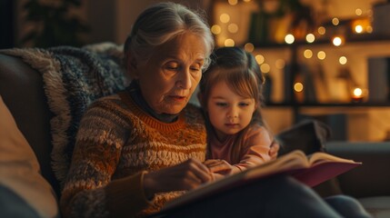 Fototapeta premium Cozy Moments, Grandma and Child Reading Together by the Fireplace in a Warm and Comfortable Home