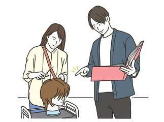 男性美容師にヘアマネキンを使いながらヘアカットの技術を教わる女性美容師