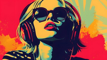 Pop art retro style pretty blonde young people wearing headphones and sunglasses on vibrant...