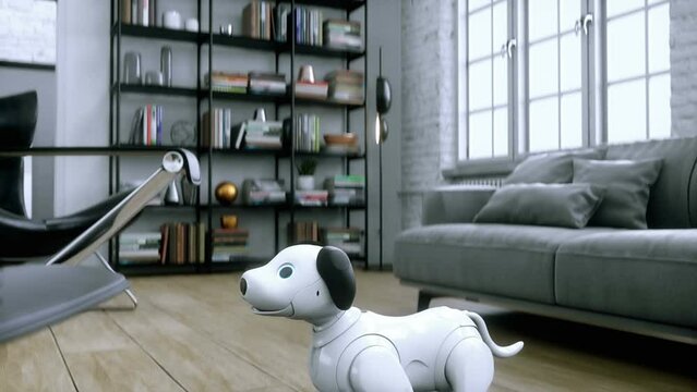 small funny robotic smart dog wakes up in the room. 4k animation.