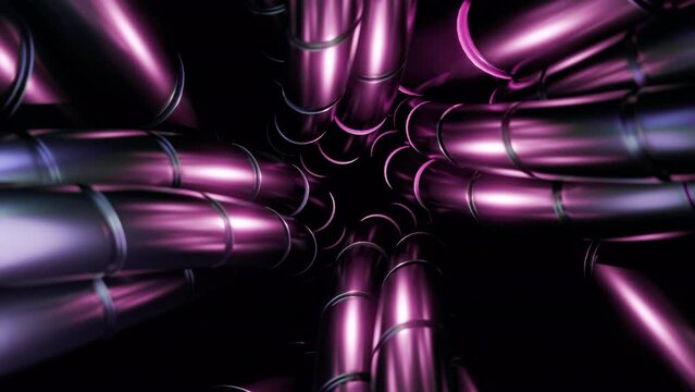 Abstract curved metal thick lines of ultraviolet color. Design. Pink and purple metal glow of wires.