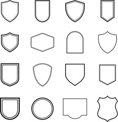 Shield icon set in vintage style. Protect shield security line icons. Badge quality symbol, sign, logo or emblem. Vector illustration