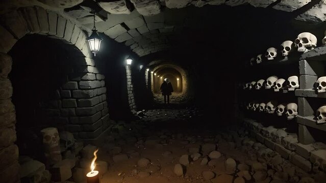 Generative ai animation of an ancient, dimly lit catacomb, with walls lined with skulls and bones