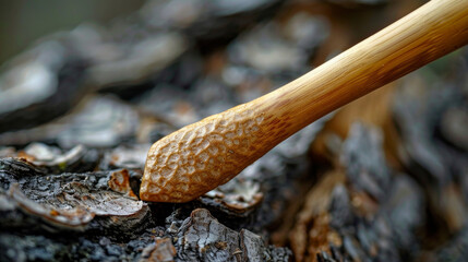 The textured surface of a wooden drumstick rubs against a piece of tree bark producing a deep resonant sound.