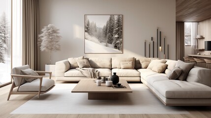 Modern trendy living room interior composition inspired by scandinavian sophistication 