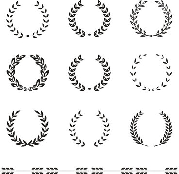 Set black silhouette circular laurel foliate, wheat and oak wreaths depicting an award, achievement, heraldry, nobility on white background. Emblem floral greek branch flat style