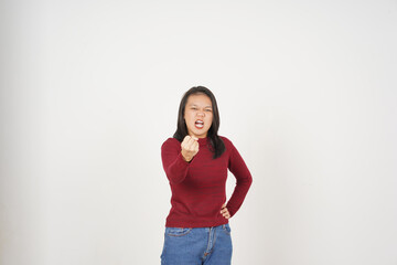 Young Asian woman in Red t-shirt Pointing at You with angry gesture isolated on white background