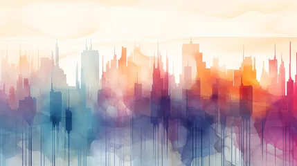 Meubelstickers Aquarelschilderij wolkenkrabber  In a watercolor painting, a vibrant abstract cityscape emerges with a mix of warm and cool hues, creating a striking visual impact.