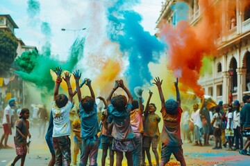 Group of children celebrating holi festival happily with colorful clouds and holi powder