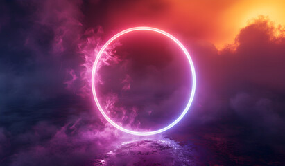 Obraz na płótnie Canvas Glowing Circle Amidst Neon Vaporwave Fog Background