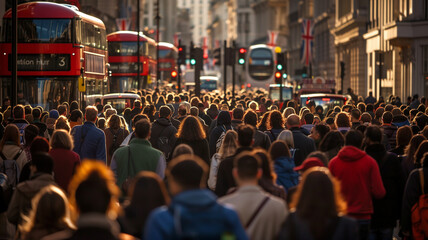 Many people in the crowd, back view of men and women walking to work or school on a London street.