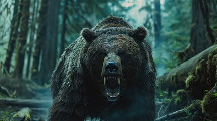 Angry grizzly bear with big teeth, scene in the movie