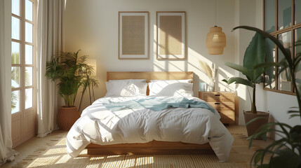 High angle of comfy bedroom, the morning sun floods a tropical-themed bedroom, highlighting natural textures and greenery for a serene waking environment.