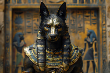 A striking and mystical representation of Anubis, the ancient Egyptian god of mummification and the afterlife, depicted with the head of a jackal, symbolizing death and the underworld.