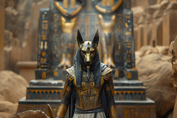 A striking and mystical representation of Anubis, the ancient Egyptian god of mummification and the afterlife, depicted with the head of a jackal, symbolizing death and the underworld.