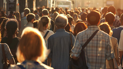A crowd of people in the city, shown close up from behind, of all ages and races, walking to work in daylight