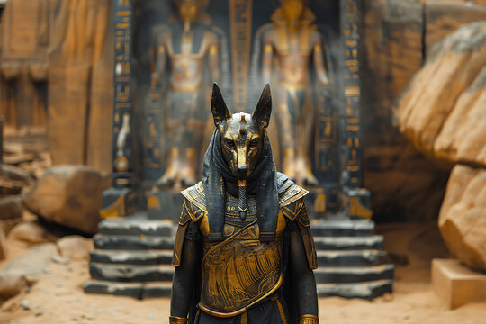 A striking and mystical representation of Anubis, the ancient Egyptian god of mummification and the afterlife, depicted with the head of a jackal, symbolizing death and the underworld.