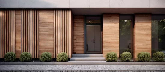 Tapeten A contemporary residence features a wooden facade and a sleek black door. The exterior is complemented by lush green grass and a modern asphalt road surface © AkuAku