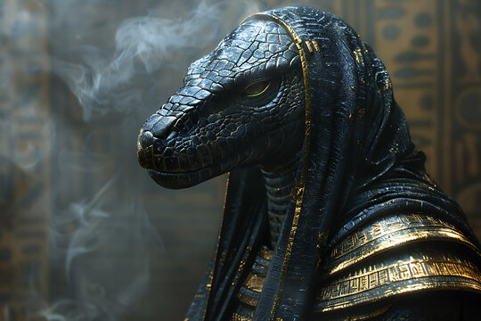 A striking depiction of Apophis, the ancient Egyptian deity symbolizing Chaos, Darkness, and Night, also known as Lord Ysfet, in a powerful and mysterious representation.