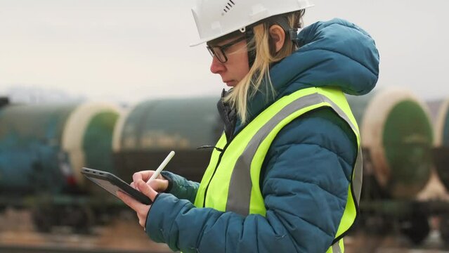 Profile of female controller receiving deliveries in  oil industry standing near carriages, woman in hard hat and green vest, with tablet and stylus in hands.