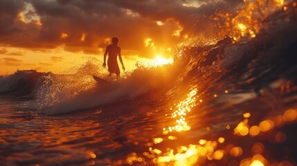 Surfing at Sunset. Young Man Riding Wave at Sunset. Outdoor Active Lifestyle. - obrazy, fototapety, plakaty