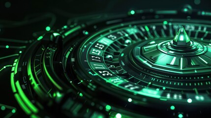 A modern casino roulette table with a dark background, showcasing minimalist cyber-style elements in green and black. Metallic touches elevate the mood, leaving ample space for text.