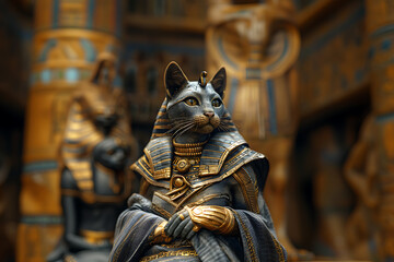 A captivating depiction of Bast, the ancient Egyptian goddess of cats, home, and fertility, portrayed as a woman with the head of a cat or lioness, symbolizing protection and grace