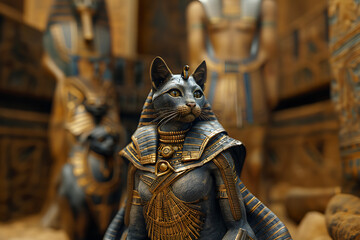 A captivating depiction of Bast, the ancient Egyptian goddess of cats, home, and fertility, portrayed as a woman with the head of a lioness, symbolizing protection and grace