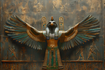 A captivating depiction of Horus or Ra, a pivotal deity in Egyptian mythology, portrayed as a man with the head of a falcon, symbolizing kingship, sky, and protection