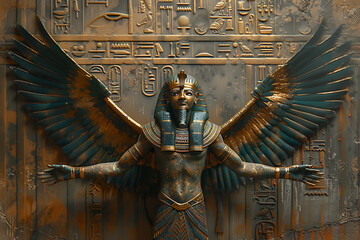 A captivating depiction of Horus or Ra, a pivotal deity in Egyptian mythology, portrayed as a man with the head of a falcon, symbolizing kingship, sky, and protection