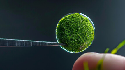 A hand holding up a perfectly circular vibrant green algae pellet with a pair of tweezers. The pellet is ready for processing and represents the potential of algae as a compact