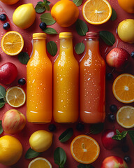 A vibrant assortment of fruit juice cocktails in various color schemes, perfect for social media, embodying a healthy food concept and promoting a nutritious lifestyle - obrazy, fototapety, plakaty