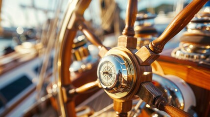 A closeup image of a yacht wheel with its polished wooden spokes and brass details shining in the sunlight. The compass at the center of the wheel has a nautical map design