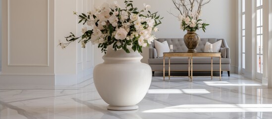 Fototapeta na wymiar Elegant flowers displayed in a vase in a high-end home with marble flooring and white walls