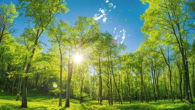 scenic forest of deciduous trees with blue sky. seamless looping overlay 4k virtual video animation background