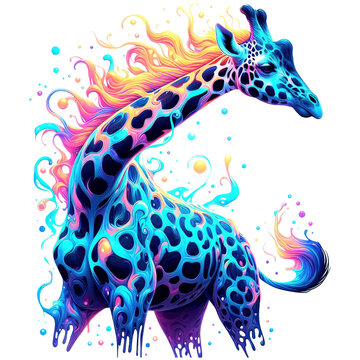 giraffe in colorful illustration with neon abstract psychedelic acid style, good for print, t-shirt, sticker, poster, 