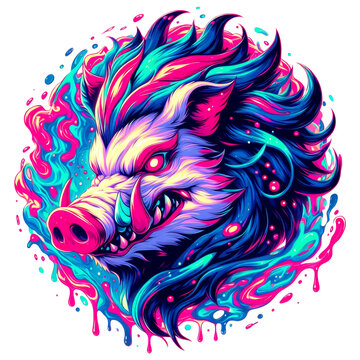 hog in colorful illustration with neon abstract psychedelic acid style, good for print, t-shirt, sticker, poster, 