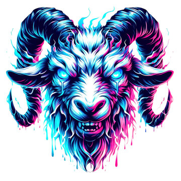 goat in colorful illustration with neon abstract psychedelic acid style, good for print, t-shirt, sticker, poster, 