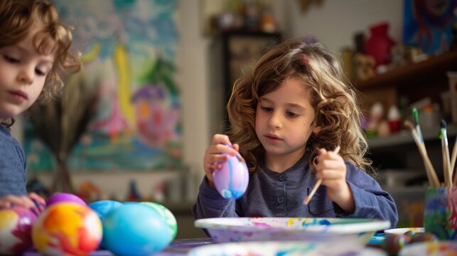 little boys kids painting decorating easter eggs with brushes. happry easter wallpaper background