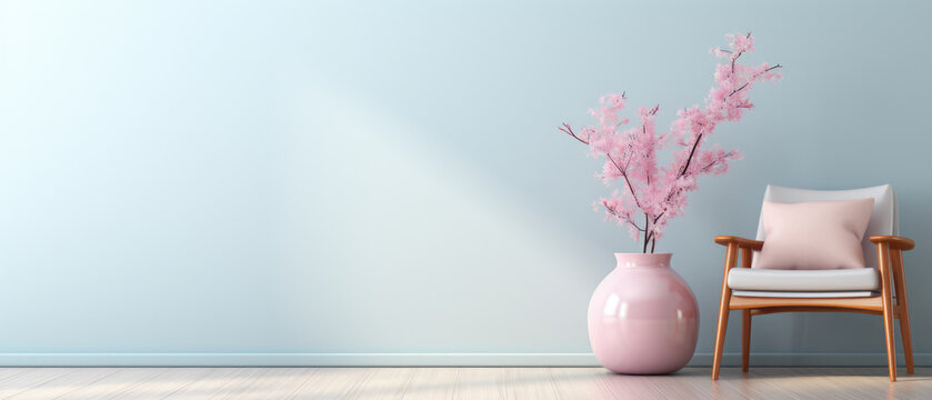 A minimalist empty interior background with benches and flower pots in soft pastel colors wall gives a calm, simple, clean and modern look created with Generative AI Technology