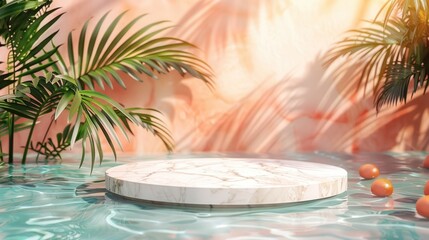 Fototapeta na wymiar 3D render with peach-colored background and palm leaf shadows. Features a marble podium, ideal for cosmetic product display mockups
