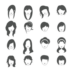 Woman hairstyles and haircut model graphic icon set. Modern wig accessory lady glamour salon. Young female haircut with hair pins, ties and bands. Girl stylish fashion flat design vector illustration