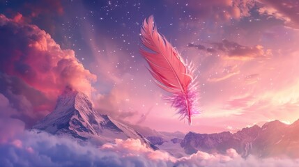 Illustration of pink feathers floating in the air next to a purple, pink sky with clouds. in the background of mountains.Ai generated