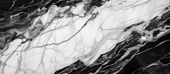 A monochrome photography capturing the intricate patterns of a black and white marble texture, resembling a geological phenomenon in a mountainous landscape